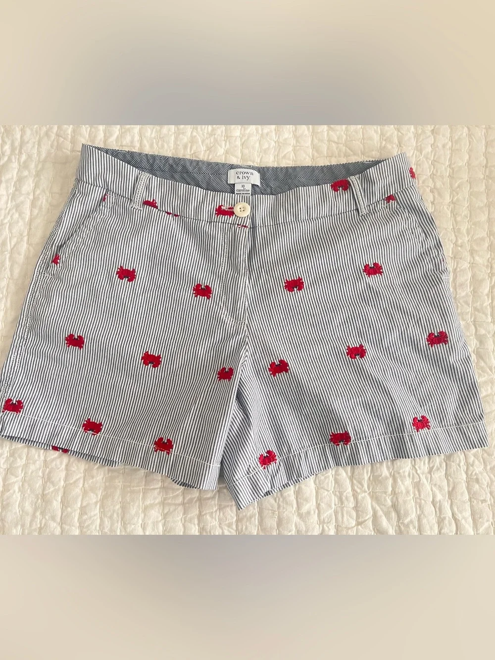 crown & ivy Navy and White Striped Shorts with Red Crab Motif